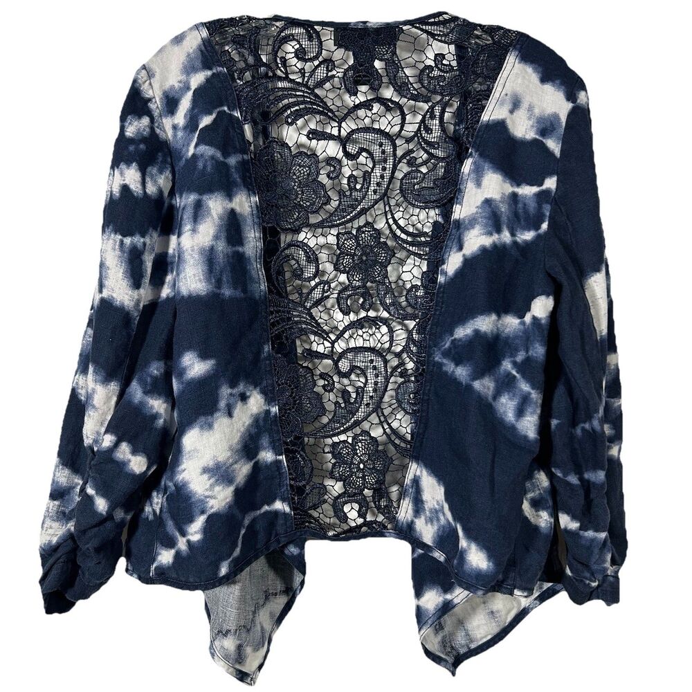 INC  Int'l Concepts Linen Lace Tie -Dye Open Front Top Blue White Sz L Boho